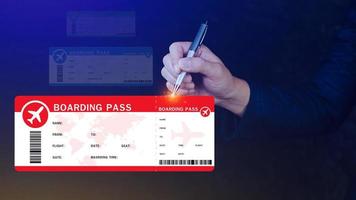 Hand holding boarding pass tickets air travel concept, Choosing checking electronic flight ticket. photo