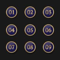 set of point numbers, 01 to 09, purple and gold vector