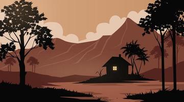 silhouette background  hill view with huts vector