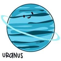 Isolated large colored planet Uranus with a face and signature. Cartoon vector illustration of a cute smiling planet in the solar system. Use for a logo for children's products