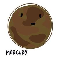 Isolated large colored planet mercury with a face and signature. Cartoon vector illustration of a cute smiling planet in the solar system. Use for a logo for children's products