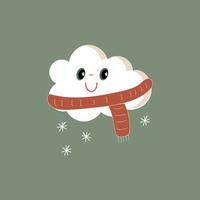 Cute cloud character in scarf in winter. Vector hand drawn illustration of happy cloud with falling snowflakes. Cartoon sign of snow weather