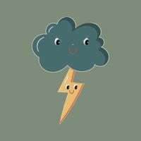 A gray cute cartoon cloud with an emoji face and smiles with lightning. Suitable for highlights, sign, icon, sticker. The element is isolated, on a white background. vector