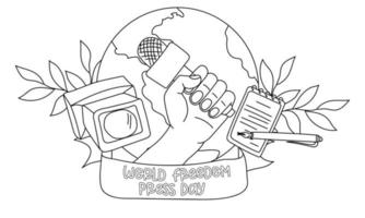 Banner for the World Press Freedom Day - May 3. Contour drawing of a hand with a microphone, a video camera, a notebook pen, a branch of sheets. Black and white illustration. A simple banner to print vector