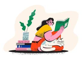 un niña es leyendo un libro. un mujer con un gato es sentado en el piso con un libro. biblioteca, librería. acogedor vector