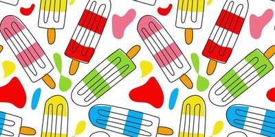 Ice cream pattern on a stick with doodle style and color on a white background. Background illustration with doodles and bright spots. Fruit ice for printing greeting cards and textiles, packaging vector