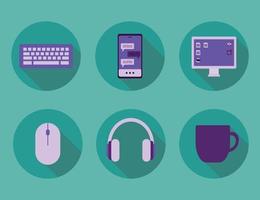 Home workplace flat icon set in purple and blue colors. Business and freelance attributes. Vector illustration