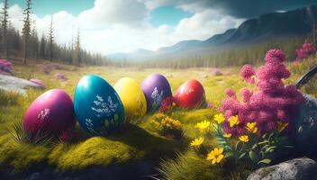 Pascua de Resurrección huevo en el césped en soleado primavera arboles y flores ai generado foto