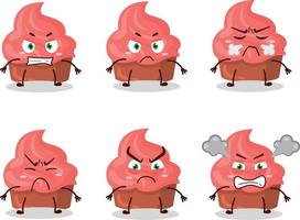 Strawberry cake cartoon character with various angry expressions vector