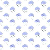 Lovely pattern with kawaii smiling clouds and hearts rain. Hand drawn vector illustration in soft pastel colors. Cute background for baby nursery, children party, clothes, textiles