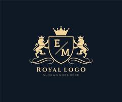 Initial EM Letter Lion Royal Luxury Heraldic,Crest Logo template in vector art for Restaurant, Royalty, Boutique, Cafe, Hotel, Heraldic, Jewelry, Fashion and other vector illustration.