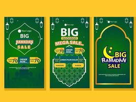 Set of Square social media post, poster, stories template Mega sale promotion with modern lantern gold design. Iftar mean is Ramadan. social media template with Modern Islamic background Design vector