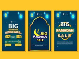 Set of Square social media post, poster, stories template Mega sale promotion with modern lantern gold design. Iftar mean is Ramadan. social media template with Modern Islamic background Design vector