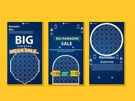 Set of Square social media post, poster, stories template Mega sale promotion with modern lantern gold design. Iftar mean is Ramadan. social media template with Modern Islamic background Design vector