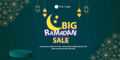 Ramadán kareem mega rebaja bandera, islámico ornamento linterna, decoración oro y moderno antecedentes con vacío espacio para foto vector