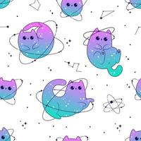 sin costura modelo con linda gatos espacio celestial con estrellas y planetas fantasía mágico kawaii vector. místico guardería gatito para textil, papel, tela, antecedentes vector