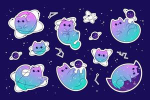 Space cute cats stickers pack celestial with stars and planets. Fantasy magical kawaii vector.  Mystical nursery kitten for textile, stickers, tattoo, vector