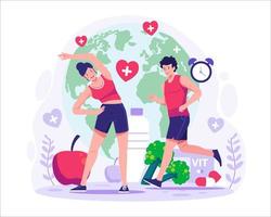 mundo salud día. caracteres de personas hacer ejercicio a permanecer saludable. sano estilo de vida. corriendo y yoga. vector ilustración