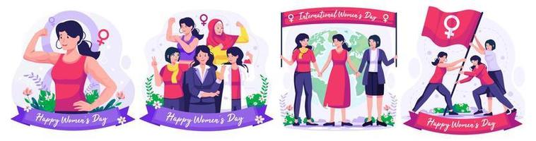 Illustration Set of International Women's Day concept with happy multinational diverse women celebrate womens day. Struggling for freedom and independence