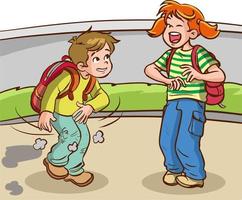 The boy who fell on the floor cleans himself with his friend cartoon vector