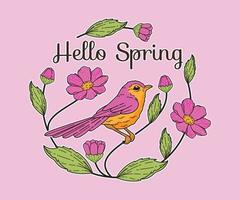 flat floral spring with bird background vector