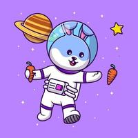 Cute Rabbit Astronaut Catching Carrot On Space Cartoon Vector Icons Illustration. Flat Cartoon Concept. Suitable for any creative project.