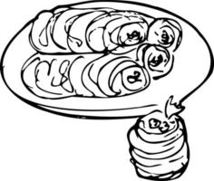 Baking tea sweets. Doodle illustration for the menu. Cakes, cookies, tea, coffee, bread, toast. vector