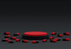 Red cylinder podium with decorative black and red tablet pills on Black background. Stand to show products. Showcase with copy space. Medical Harmful concept. Dangerous pills theme. 3D rendering. photo