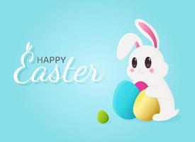 Happy Easter banner. Trendy Easter design with cute bunny, typography and eggs on blue backdrop. Horizontal poster, greeting card, header for website. Vector illustration