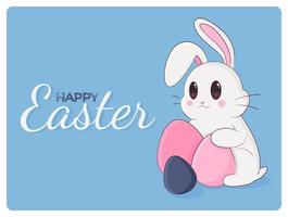 Happy Easter banner. Trendy Easter design with cute bunny, typography and eggs on blue backdrop. Horizontal poster, greeting card, header for website. Vector illustration