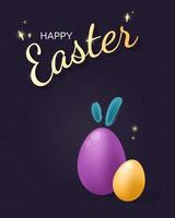 Happy Easter card. Trendy Easter design with golden typography, eggs, stars and flares on dark backdrop. Vertical poster, greeting card, cover. Vector illustration