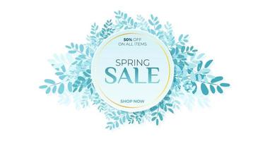 Spring sale banner template. isolated gradient circle with blue leaves on white background for shopping sale, poster, card, web banner. Vector illustration.