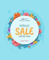 Floral spring Sale banner design with colorful flowers. Round shape with space for text. Banner or flyer sale vertical template. Vector illustration.