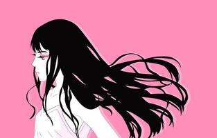 Horizontal Vector art with anime girl on pink background. Vector illustration for banner, cover, flyer, advertising etc.
