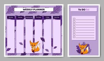 Weekly planner for kids. Child schedule for week and to do list with fox and acorn leaves. Calendar for elementary school student. Vector illustration