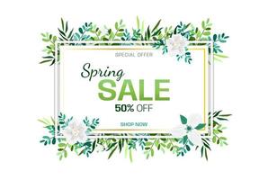 isolated Design banner with spring sale logo. Discount card for spring season with white and golden frame and herb. Promotion offer with spring plants, leaves and flowers decoration. Vector art