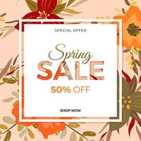 Vector Design banner with spring sale logo. Discount card for spring season with white frame and floral pattern. Promotion offer with spring plants and leaves decoration.