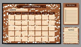 luxurious Monthly planner with To Do list and notes on deer backdrop. Vector illustration. Planner for companies and private use. Animal skin pattern.