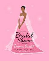 luxurious and elegant Bridal Shower invitation card. Beautiful bride in fashionable pink wedding dress with bridal veil. Vector illustration