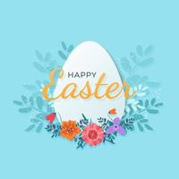 Happy Easter banner with easter egg, flowers and typography on blue backdrop. Holiday concept design for greeting card, banner, poster, flyer, web. Vector illustration