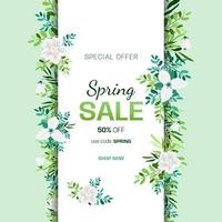 Spring sale header or voucher template with flowers and twigs. Vertical banner with spring flowers. Place for text. Vector border frame, promo card.