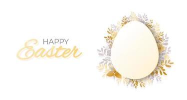 Happy Easter vector banner with isolated easter egg, golden flowers and typography on white backdrop. Holiday concept design for greeting card, banner, poster, flyer, web.