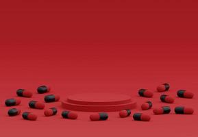 Red cylinder podium with decorative black and red tablet pills on red background. Stand to show products. Stage showcase with copy space. Medical Harmful concept. Dangerous pills theme. 3D rendering. photo