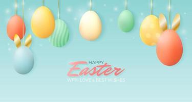 Happy Easter background with colorful eggs on golden strings, bunny ears, text and flares. Magical Vector illustration for banner, poster, card, sale.