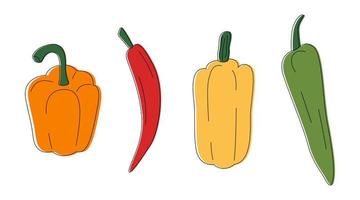 Different peppers line art set. Colored bell, chili, banana pepper collection in cartoon style. Icon set isolated on white background. Hand drawn doodle vector illustration.