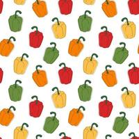 Multi-colored bell pepper pattern. Fresh vegetables in cartoon style. Seamless pattern isolated on white background. Hand drawn doodle vector illustration.