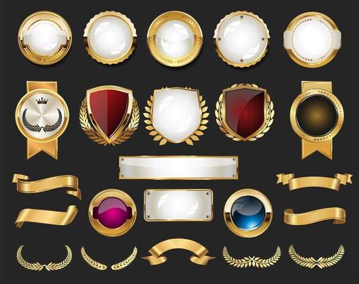 Collection of vintage retro premium quality golden badges and labels