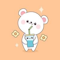 blanco linda oso en kawaii estilo con un bebida vector