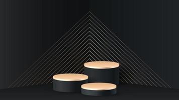 Black 3d background product display podium scene with golden geometric platform. Stand to show cosmetic product. Realistic stage showcase on pedestal in room corner. Premium studio, gradient lines vector