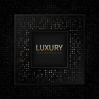 Abstract black square shape with golden glowing frame and mosaic glitters. Vector illustration. Luxury geometric backdrop with golden glittering particles. Premium banner design. Minimalist decoration